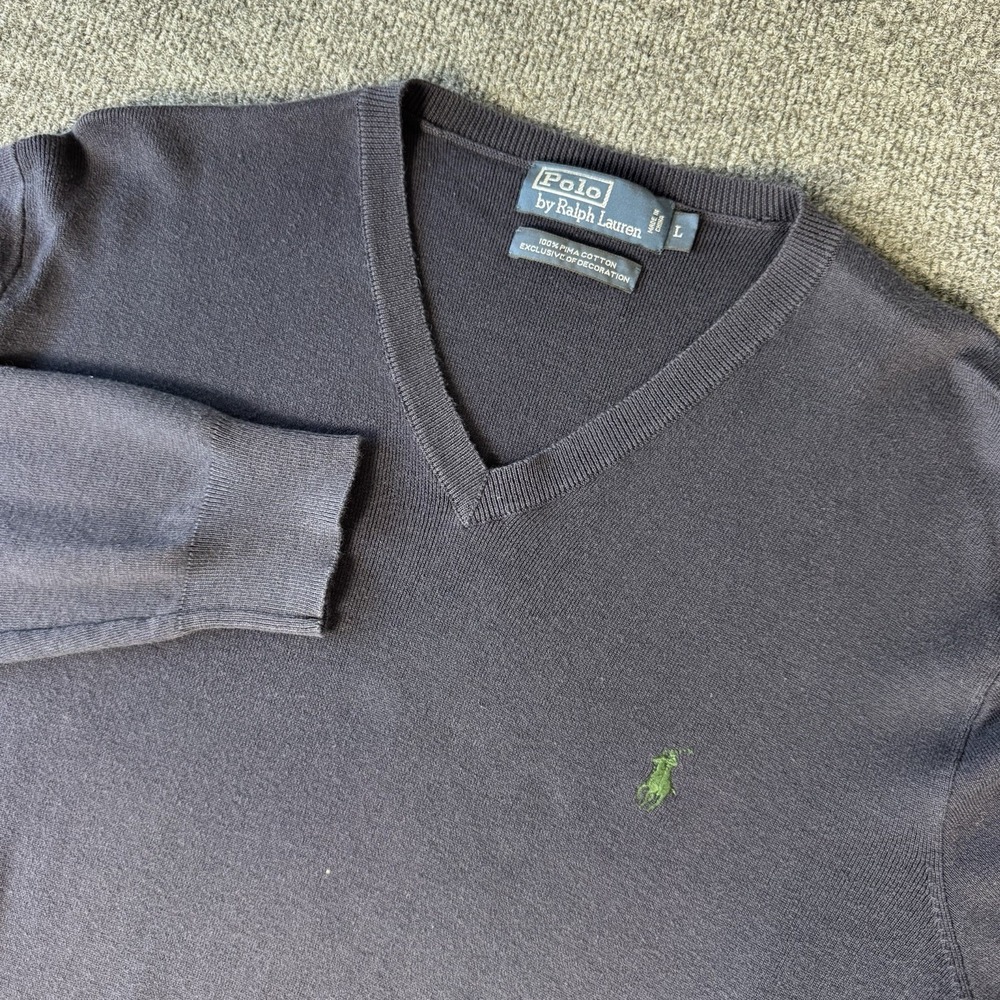 Polo Ralph Lauren Sweater Men's Large Blue V-Neck 100% Pima Cotton Pony Preppy